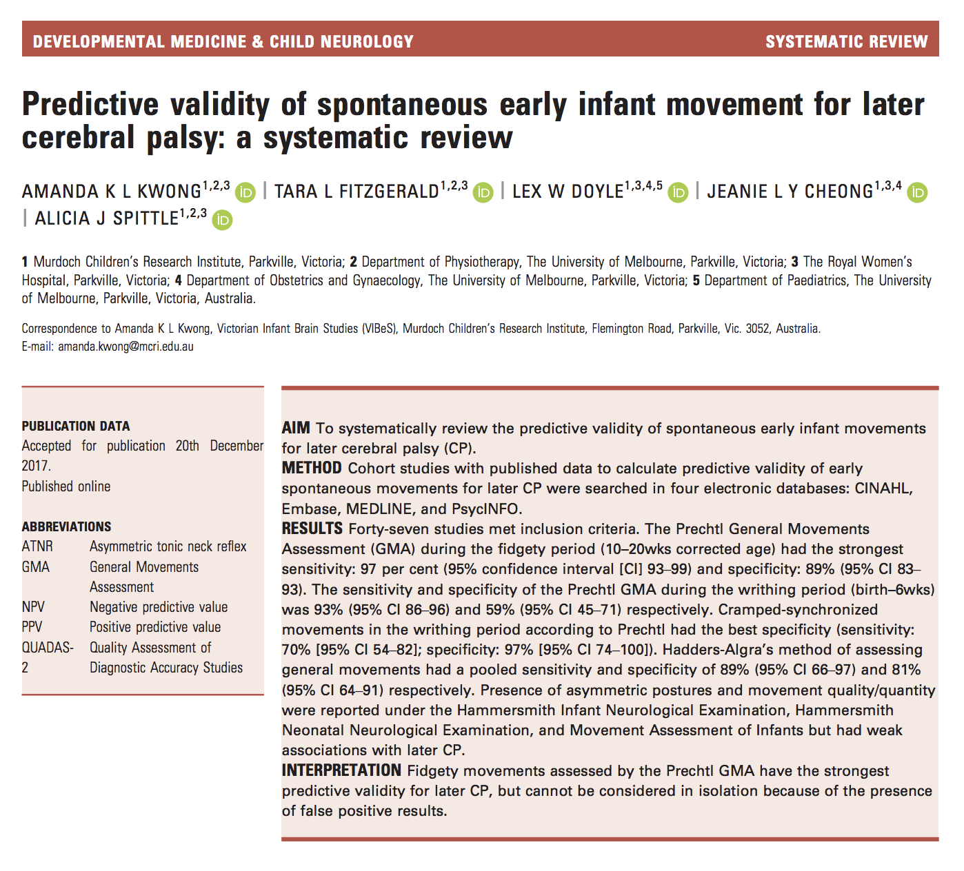 Predictive validity of spontaneous early infant movement for later cerebral palsy: a systematic review